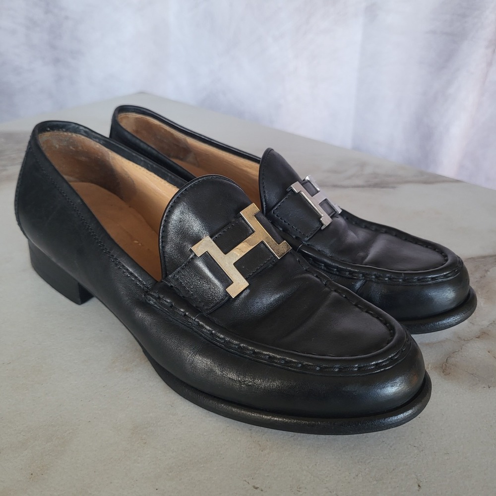 Hermes Paris H Medailion Loafers Black Women's Size 36